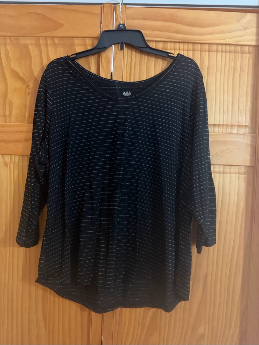a.n.a Black Long Sleeve Scoop Neck Top with Metallic Pinstripes